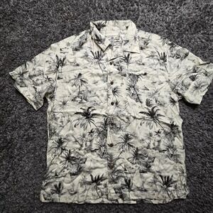Caribbean Joe Mens XL Rayon Tropical Palm Tree Sailboat Camp Shirt Cream Gray